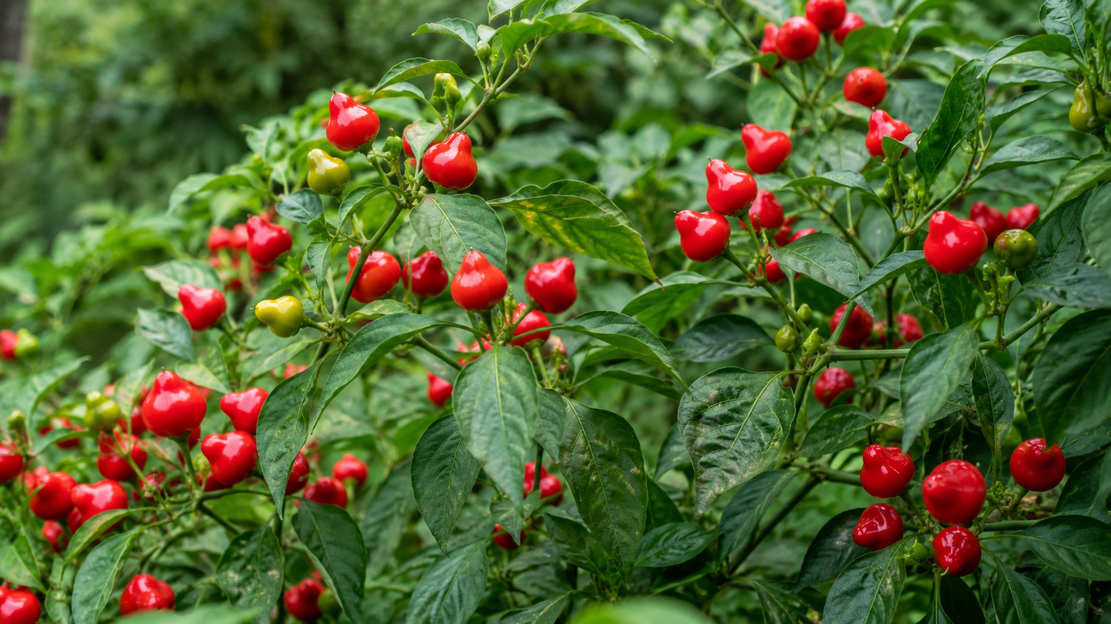 Pimentas vermelhas crescendo em uma plantação saudável